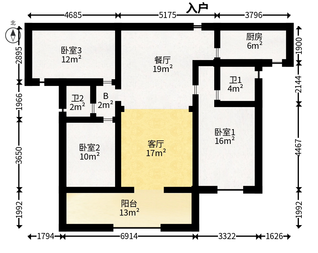万润滨江天著  3室2厅2卫   125.00万户型图