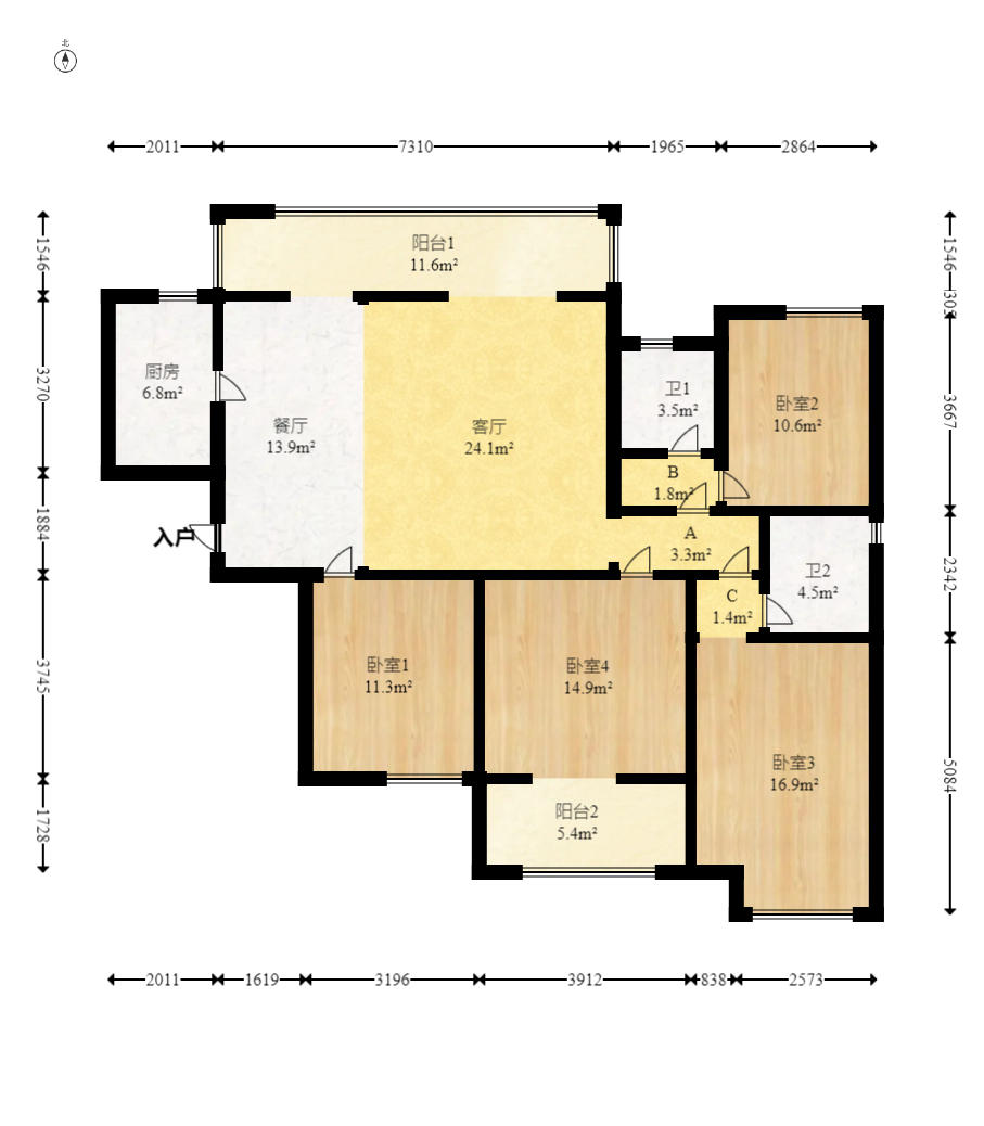建发中央悦府  4室2厅2卫   195.00万户型图
