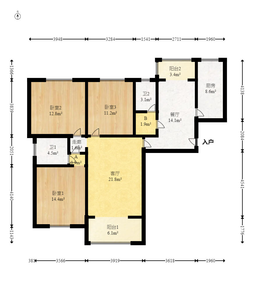 上海城小区  3室2厅2卫   108.00万户型图