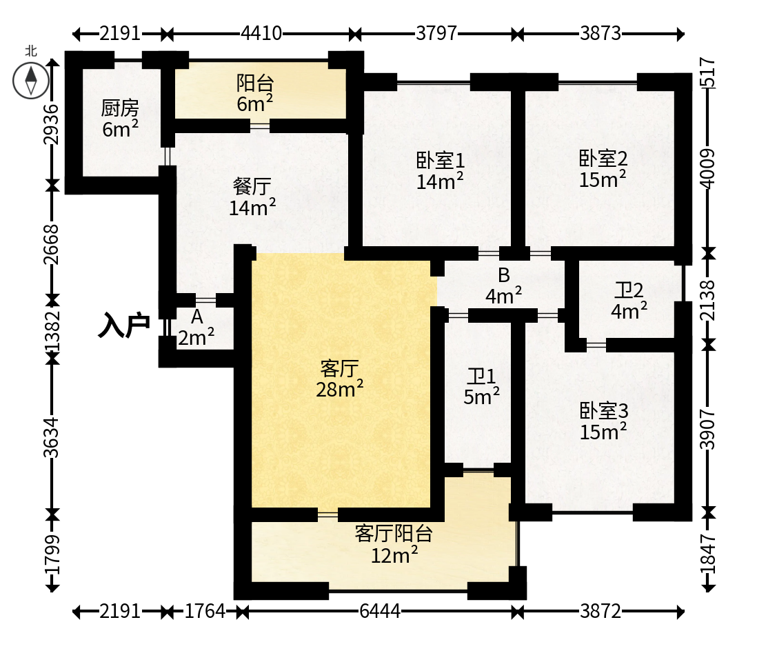 钱隆学府一、二期  3室2厅1卫   136.00万户型图