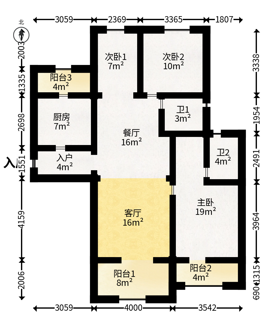 珠江花城一期桂苑  3室2厅2卫   89.00万户型图
