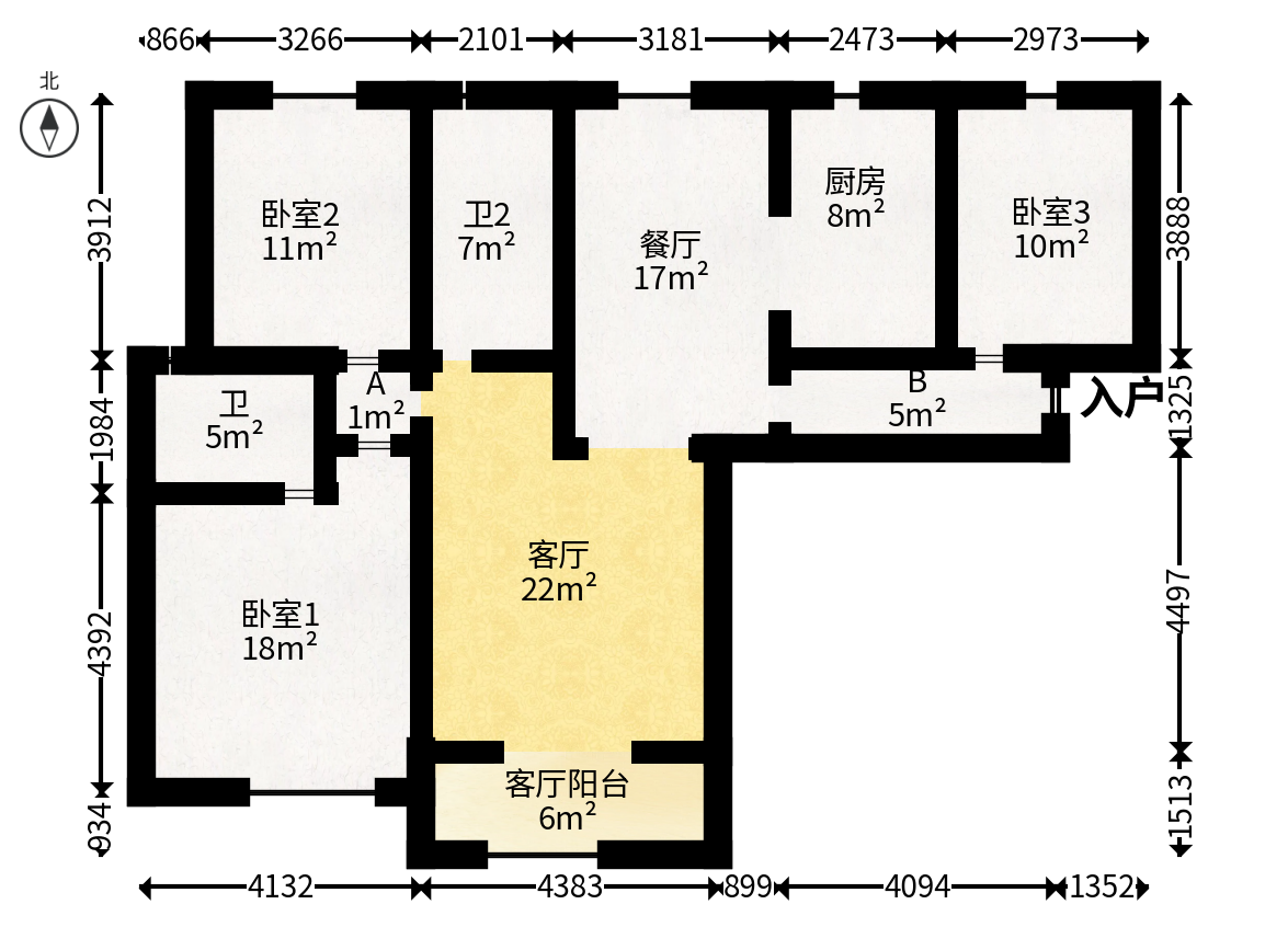 天城湖光山色  3室2厅2卫   105.00万户型图