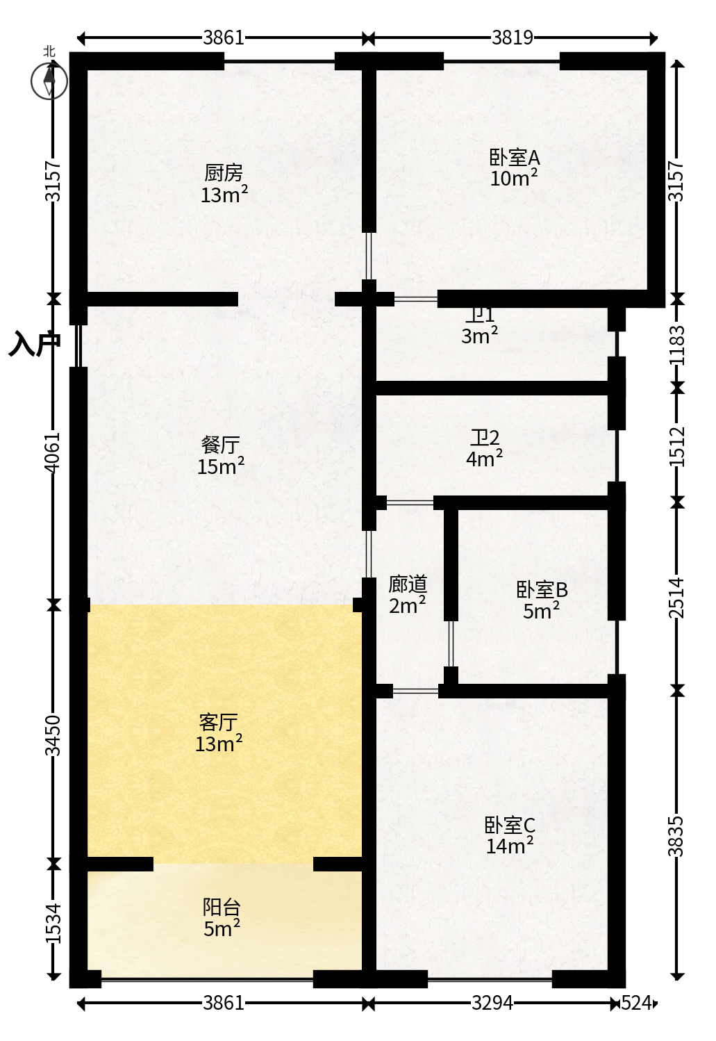 洋湖时代  3室2厅2卫   78.00万户型图