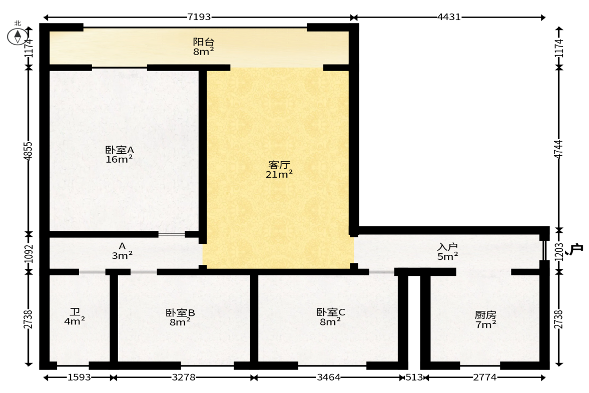 龙王港社区  3室2厅1卫   102.00万户型图