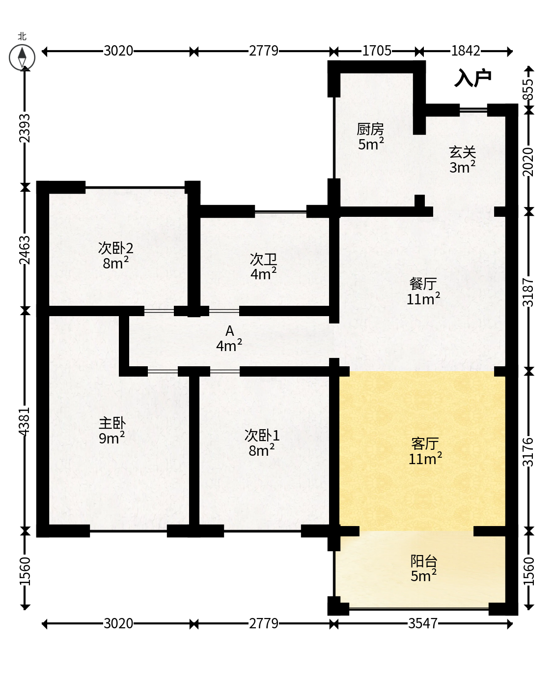 长沙北中心保利时代B区  3室2厅2卫   88.00万户型图