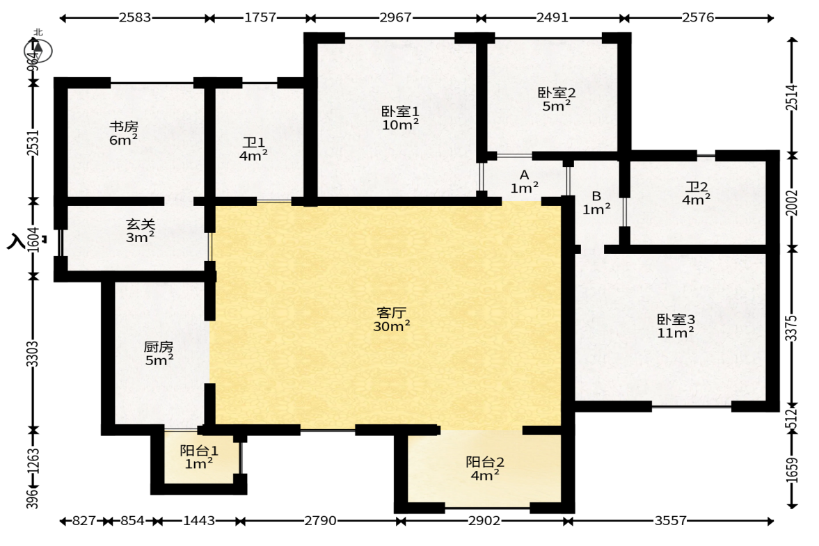 时代倾城二期  3室2厅2卫   88.00万户型图