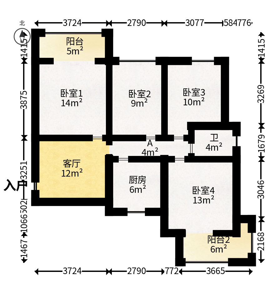 尊邸华庭  4室1厅1卫   80.00万户型图