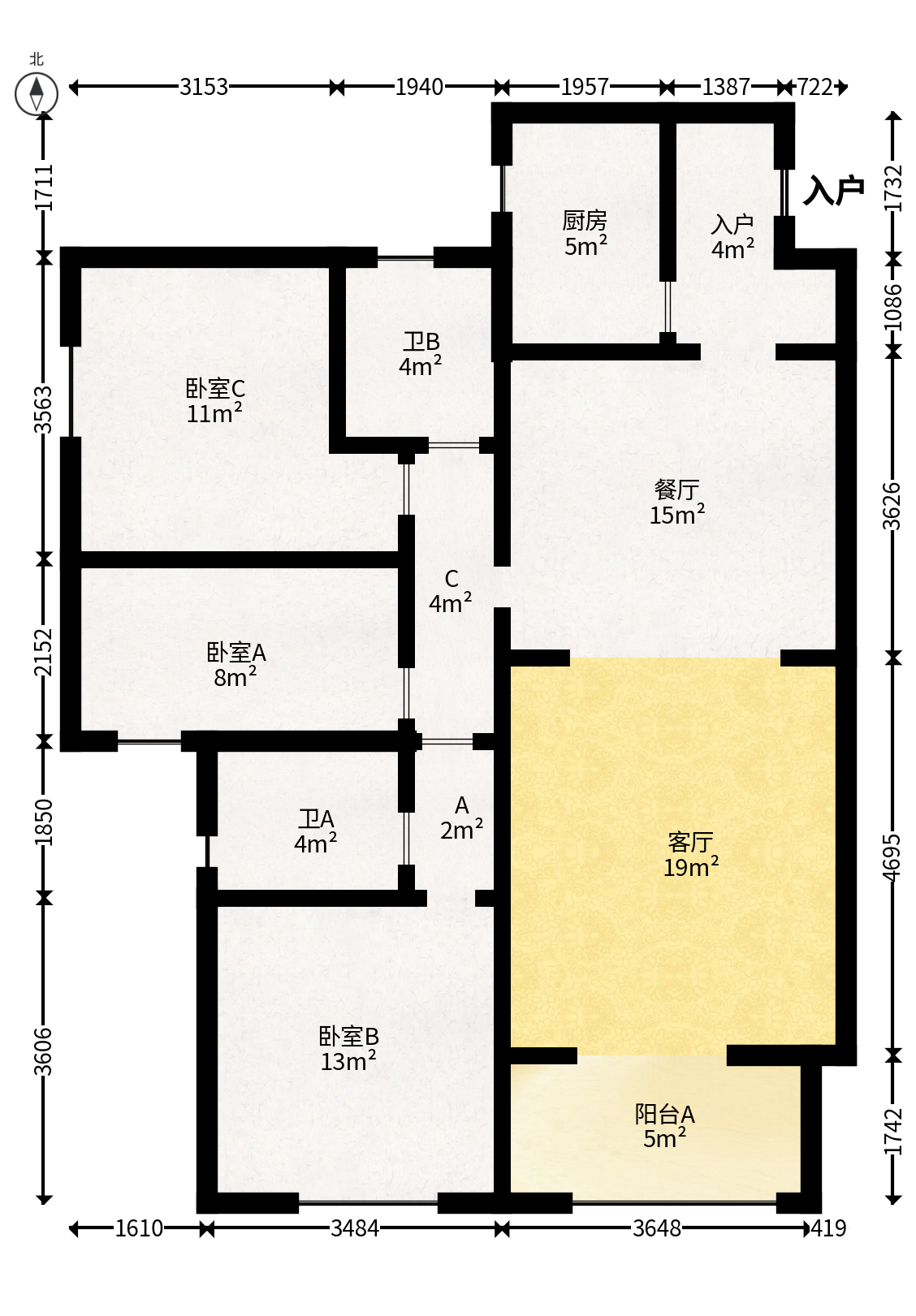 鑫苑木莲世家  3室2厅2卫   125.00万户型图