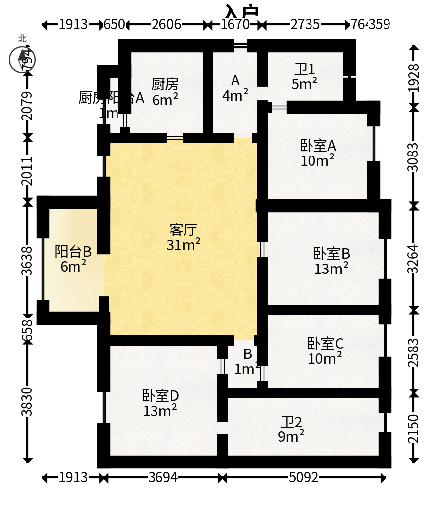 万科金域华府三四期  4室2厅2卫   145.00万户型图