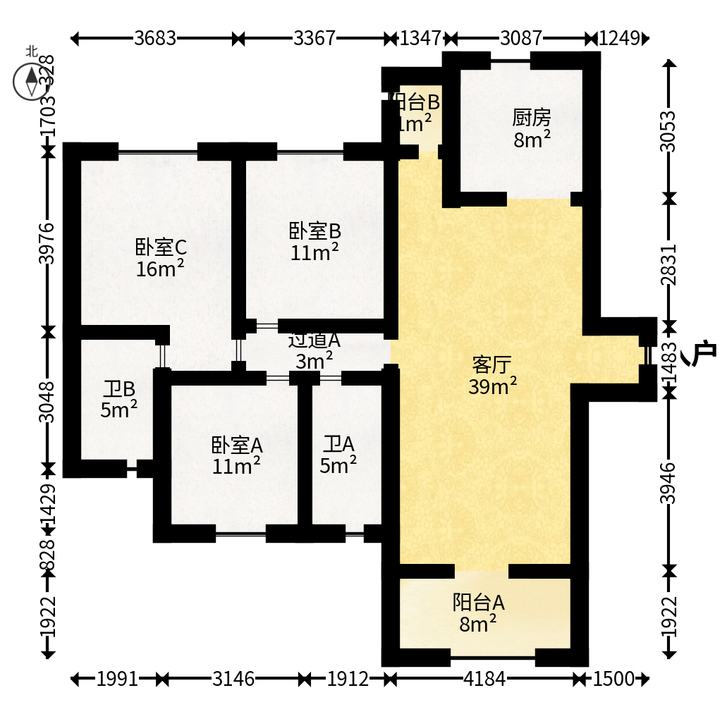长房明宸府  3室2厅2卫   100.00万户型图