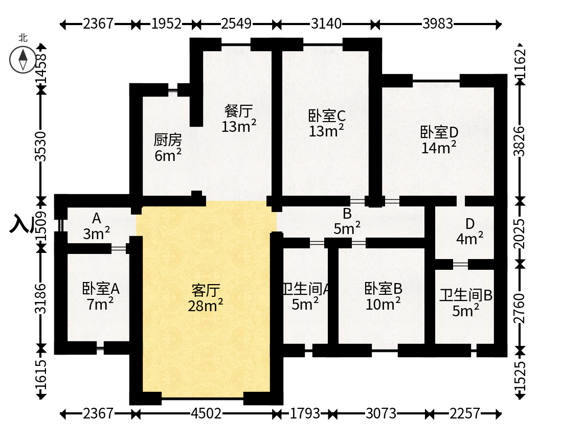 五矿格澜郡  1室2厅2卫   123.00万户型图