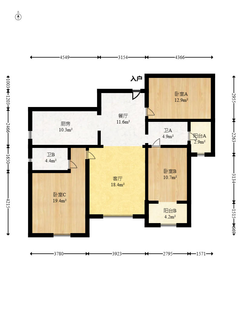 长大卧琥  3室2厅2卫   95.00万户型图