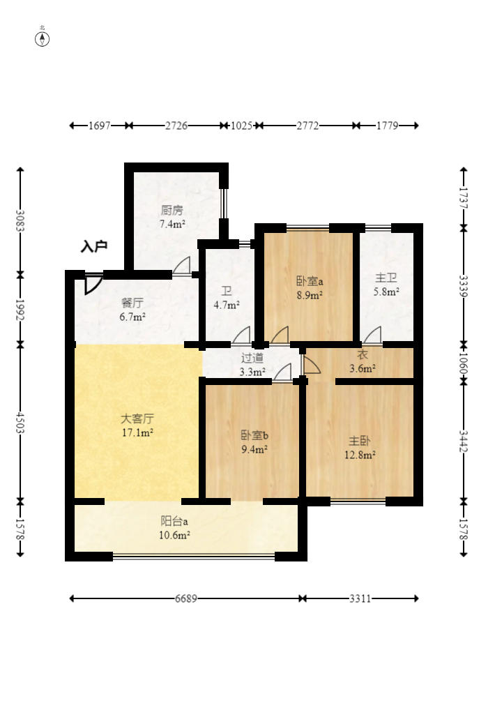 新城国际花都  3室2厅2卫   80.00万户型图