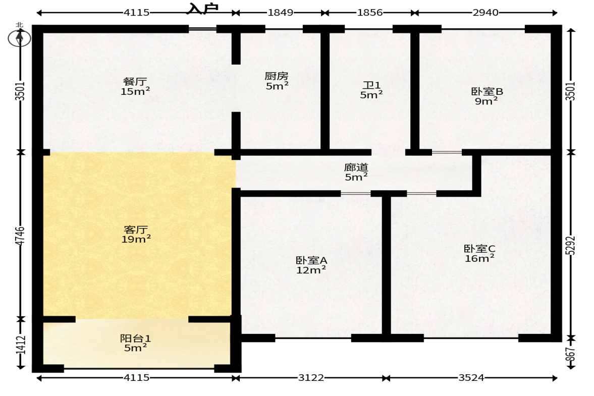 江山帝景哈佛  3室2厅1卫   90.00万户型图