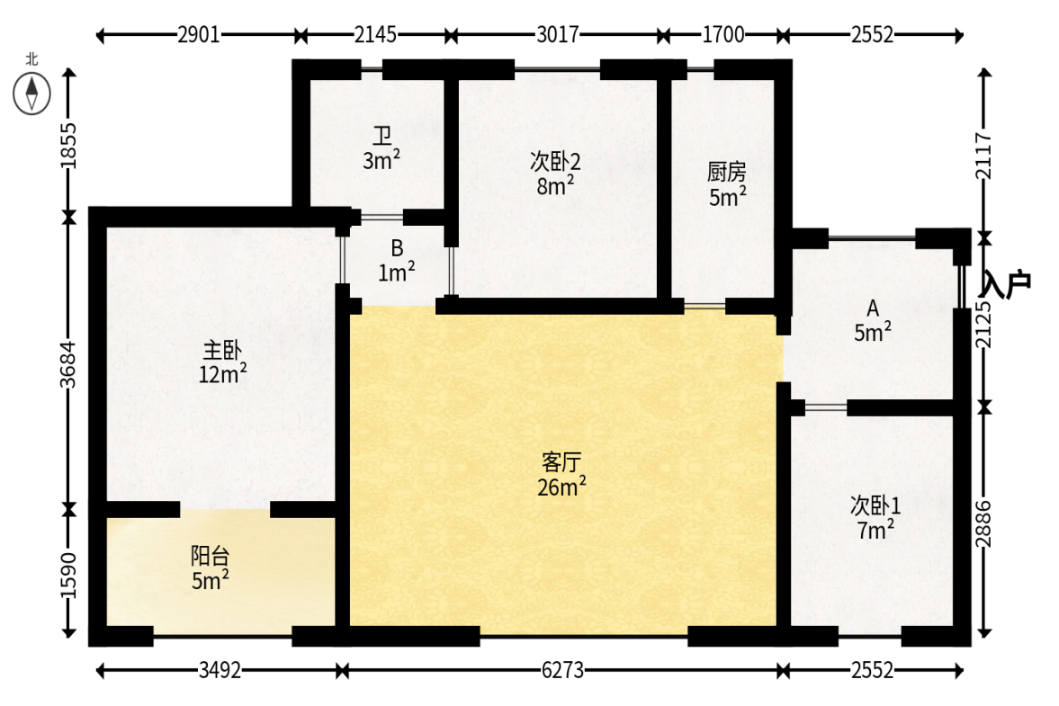 华润凤凰城二期  3室1厅1卫   64.80万户型图