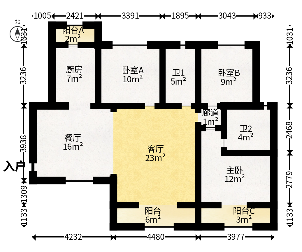 江山帝景雅典  3室2厅2卫   116.00万户型图