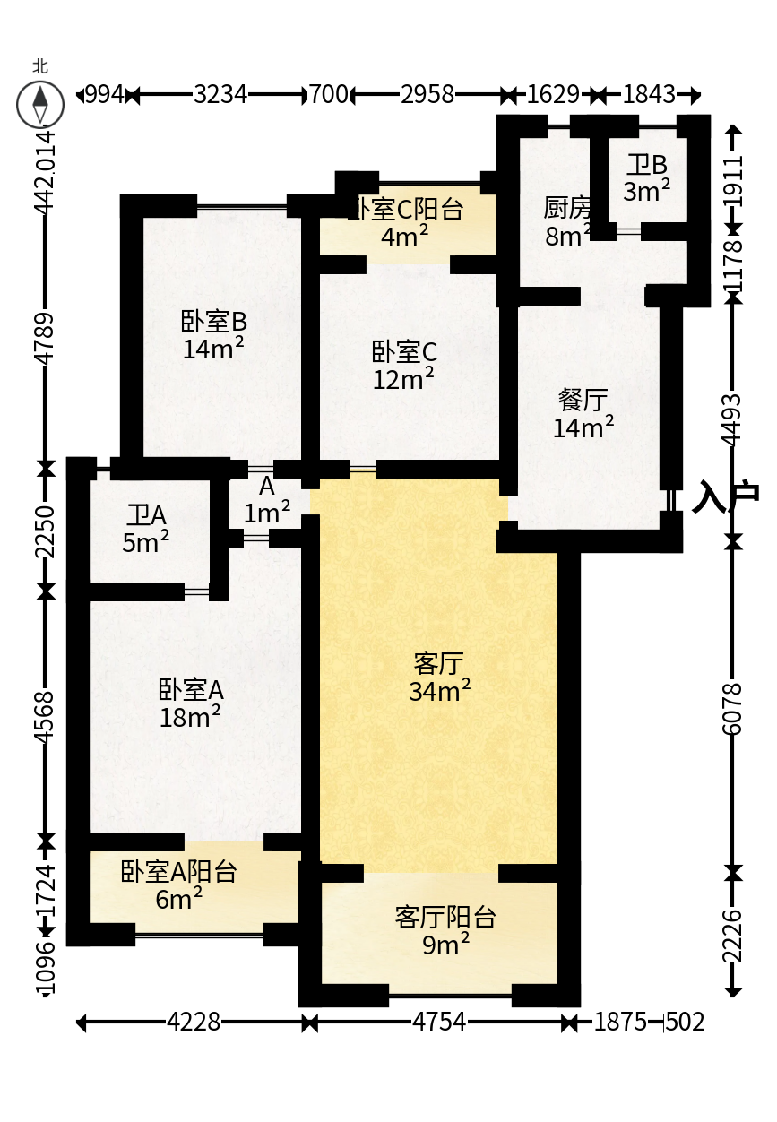 八方小区C区  3室2厅2卫   368.00万户型图