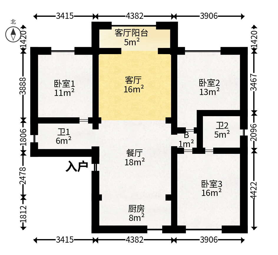 和庄  3室2厅2卫   125.00万户型图