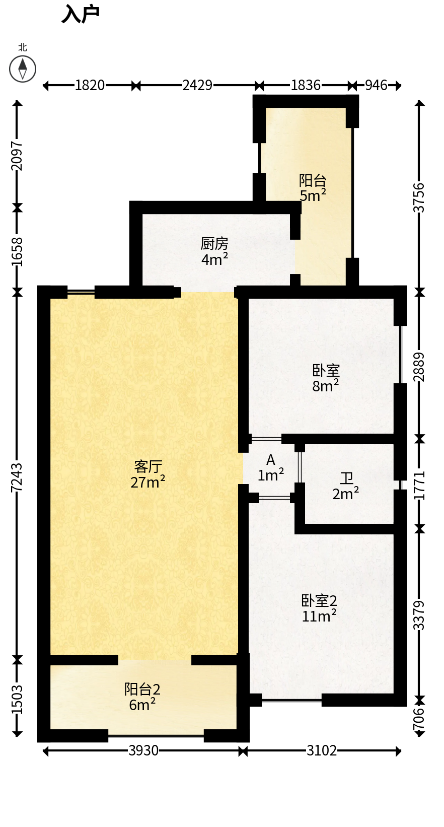 天麓尚层  2室2厅1卫   65.00万户型图