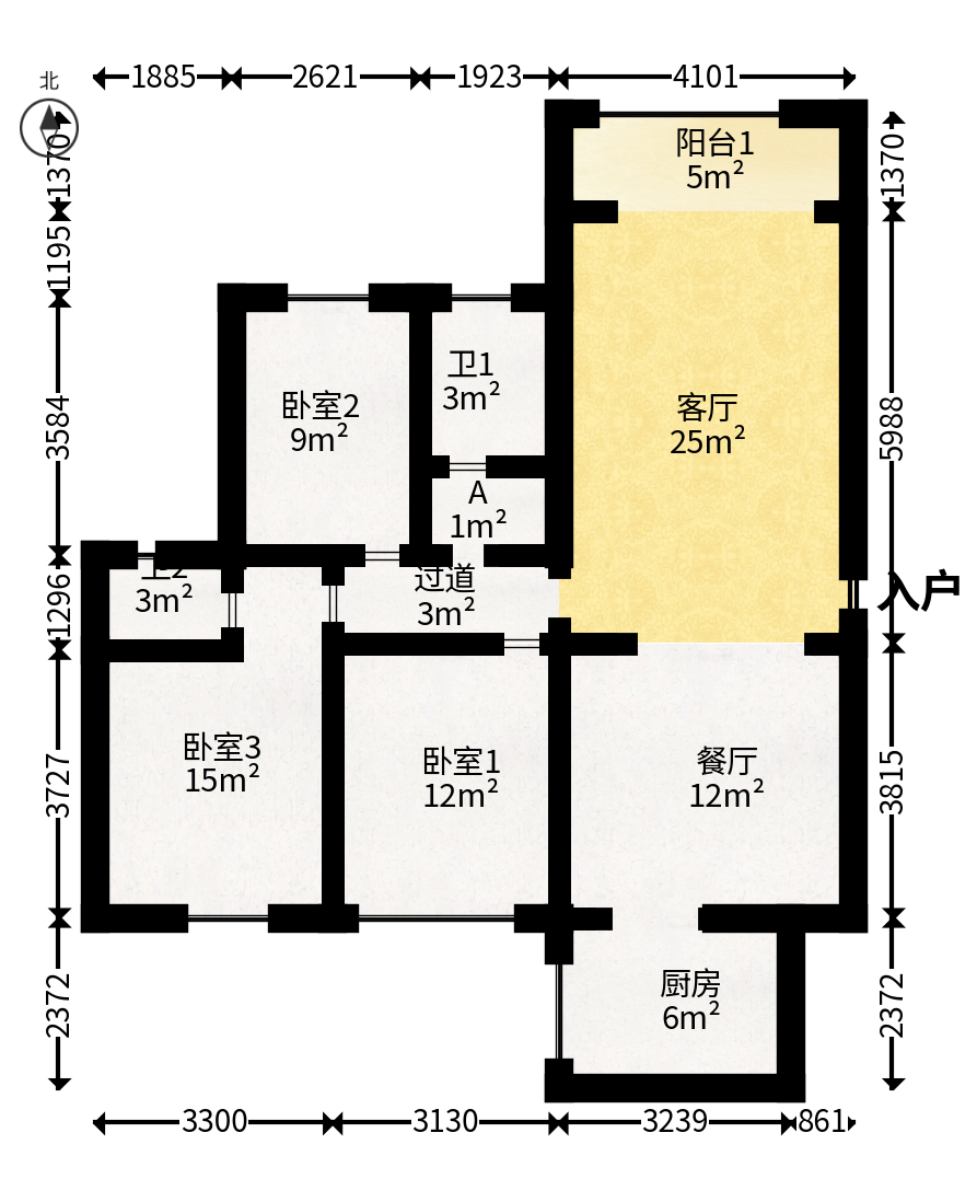 乾源国际  3室2厅2卫   80.00万户型图