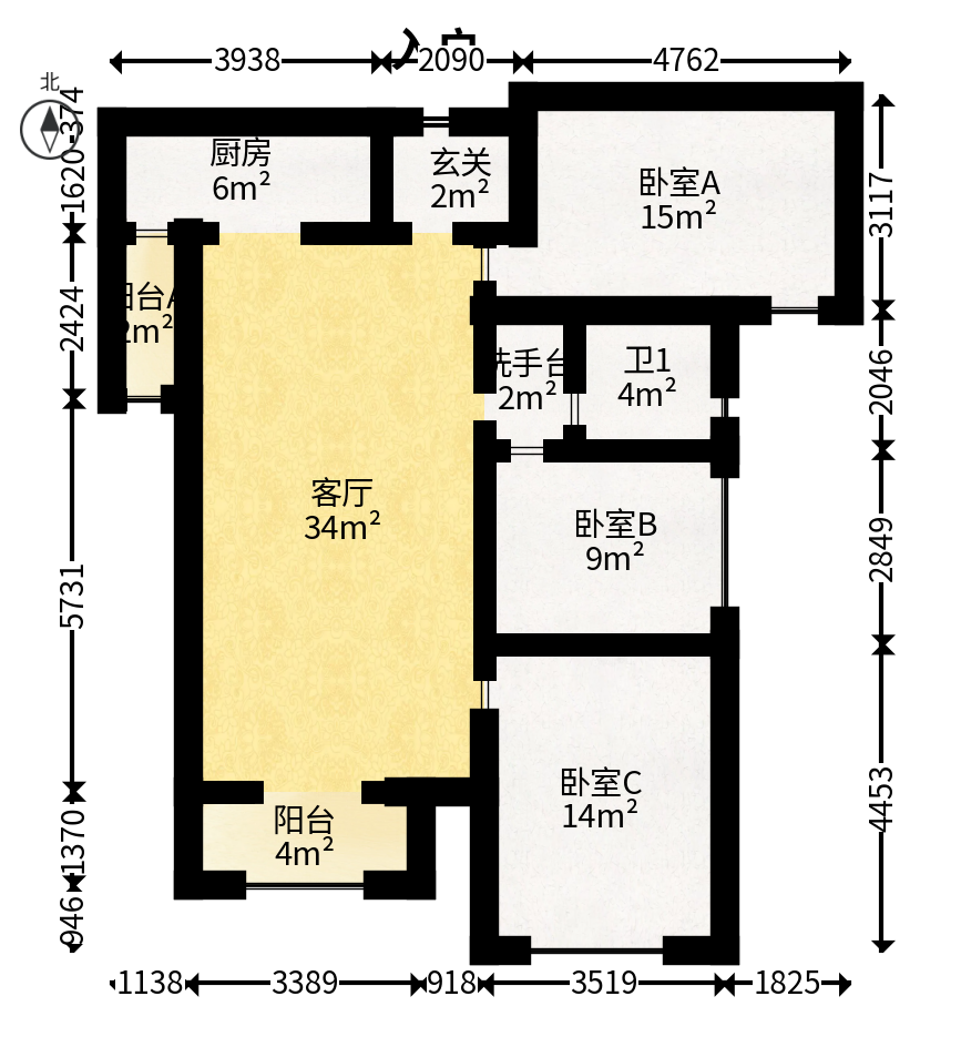 中海国际一期  3室2厅1卫   75.00万户型图
