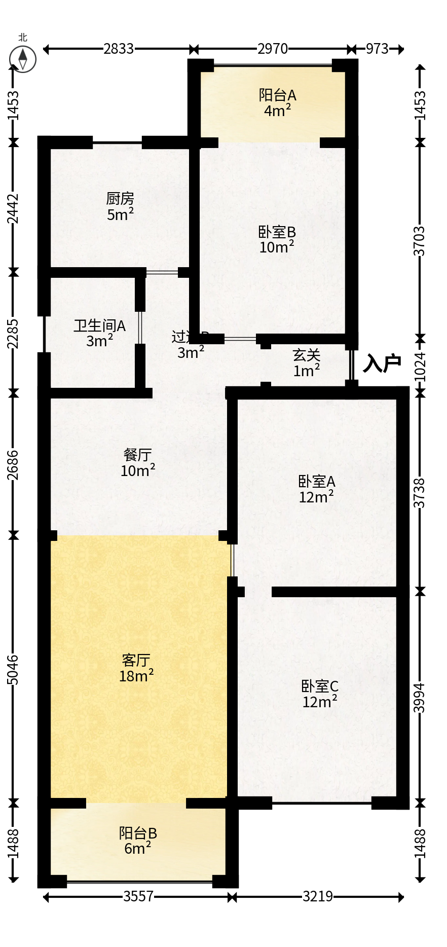 下民航宿舍  3室2厅1卫   68.00万户型图