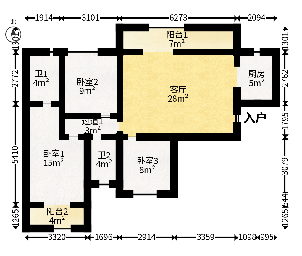 中粮鸿云  3室2厅2卫   73.80万户型图