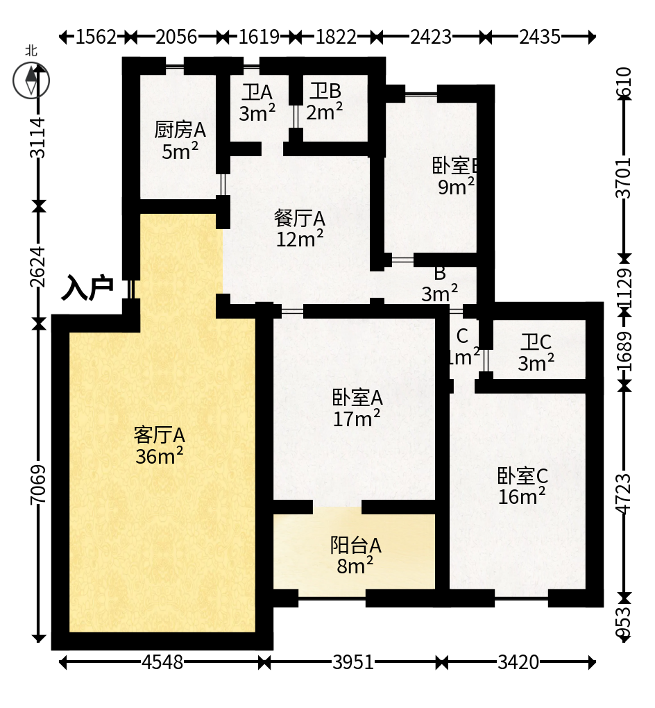 同升湖山庄  3室2厅1卫   100.00万户型图