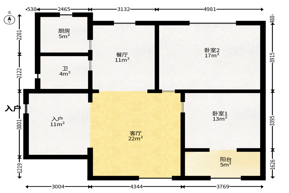 德政园  2室3厅1卫   74.80万户型图