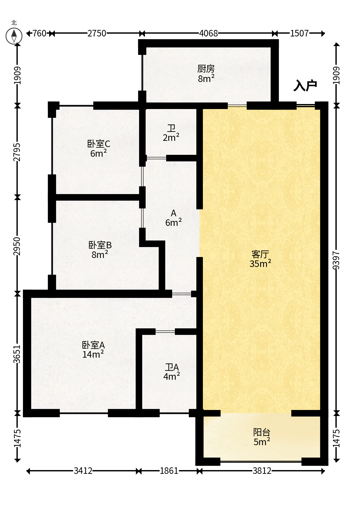 中建梅溪湖中心  3室2厅2卫   158.00万户型图