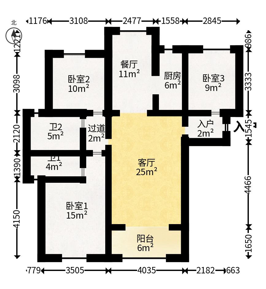 金地格林公馆  3室2厅2卫   128.00万户型图