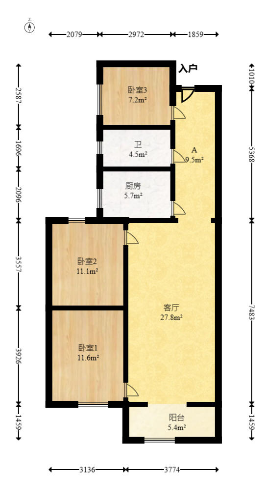 润屋美院  1室2厅1卫    88.0万户型图