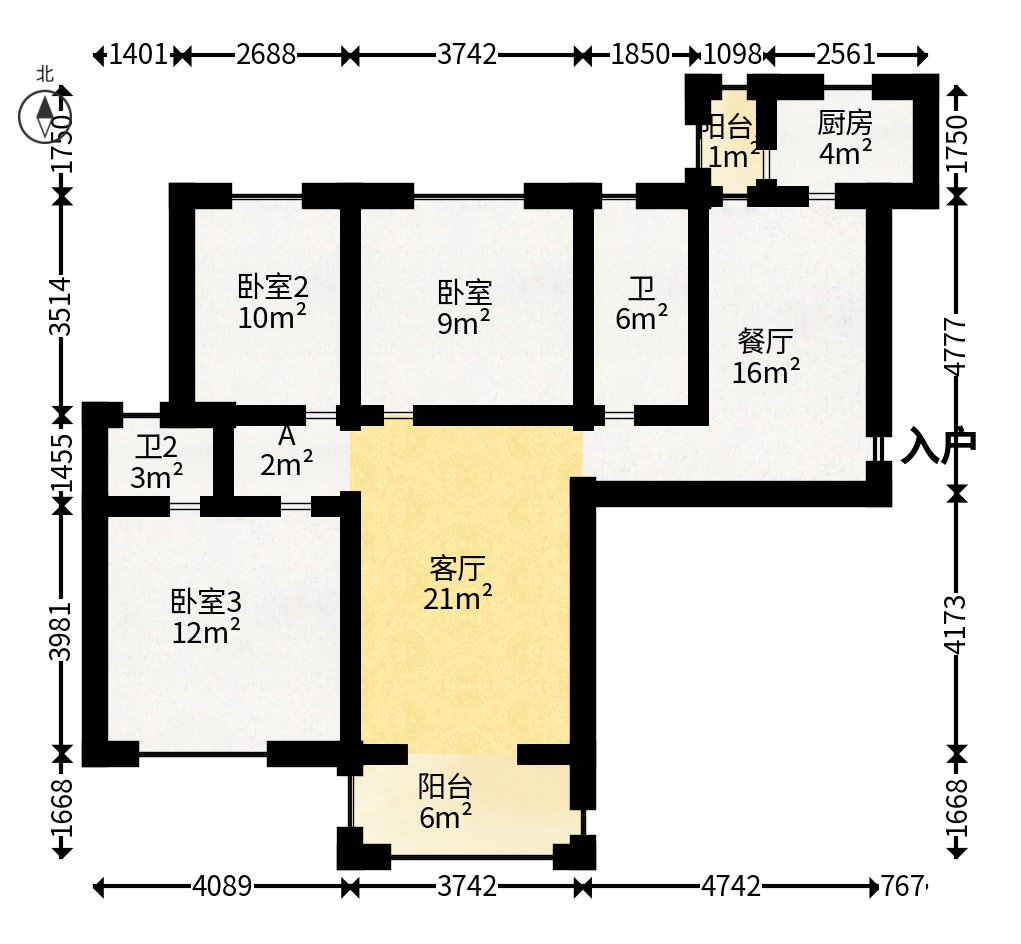 山水新城  3室2厅2卫   80.00万户型图