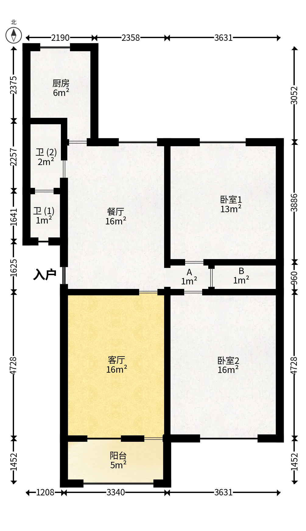 长沙市老干部休养所  3室2厅1卫   60.00万户型图