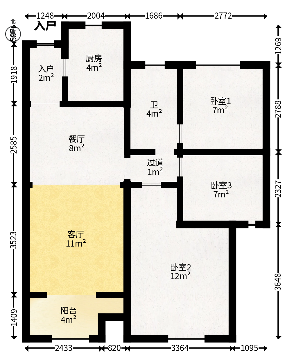 新城国际花都  3室2厅1卫   58.00万户型图