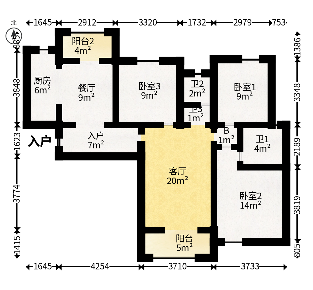 长房东旭国际  3室2厅2卫   167.00万户型图