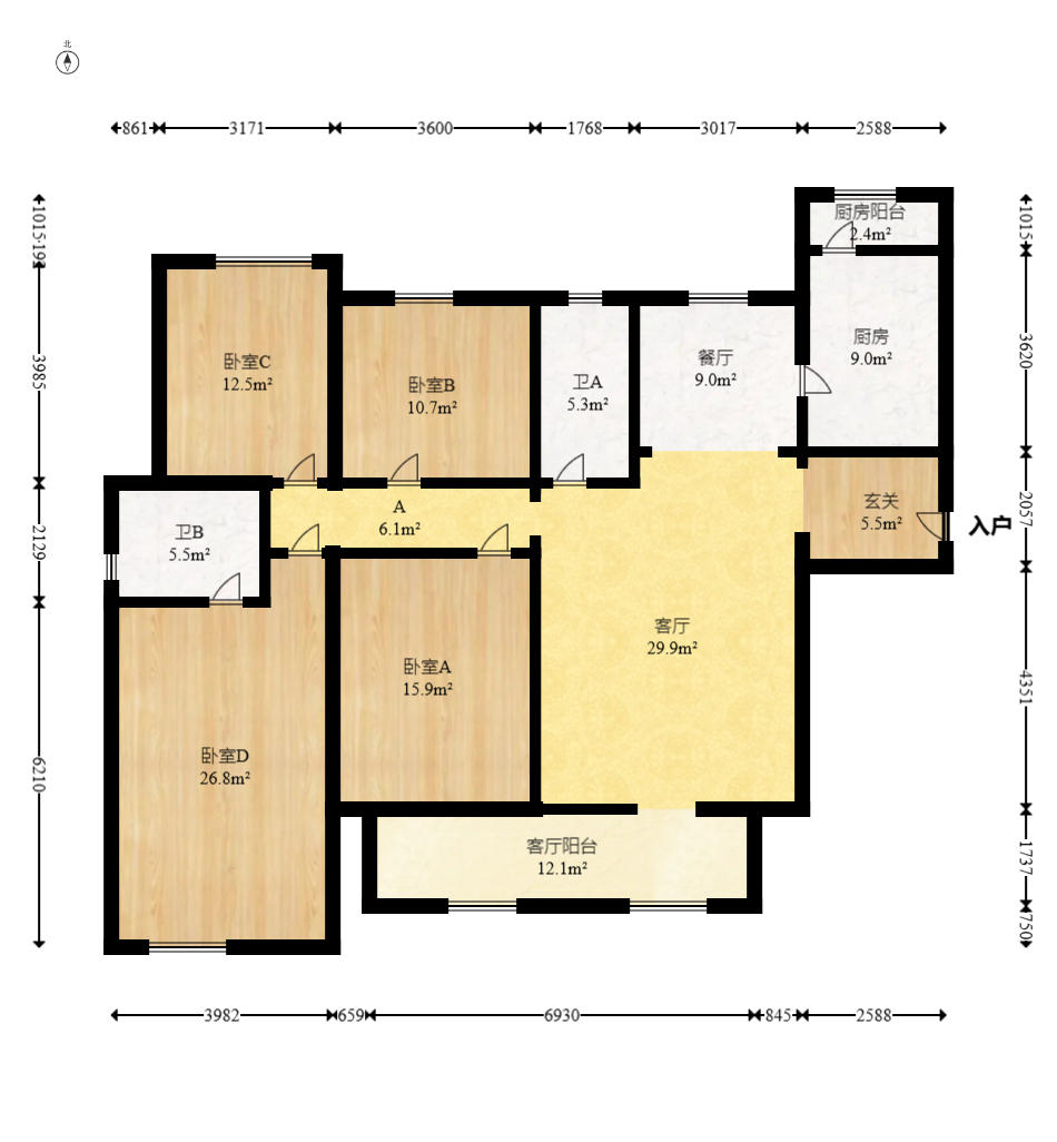 八方小区B区  4室2厅2卫   520.00万户型图