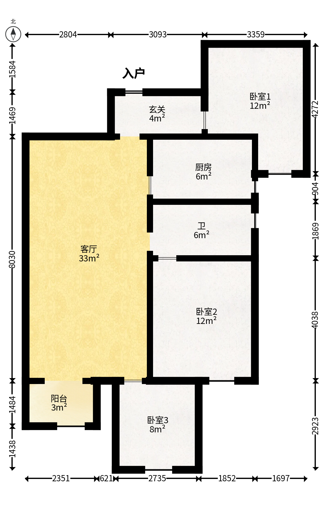 勤诚达境界城  3室2厅1卫   73.00万户型图