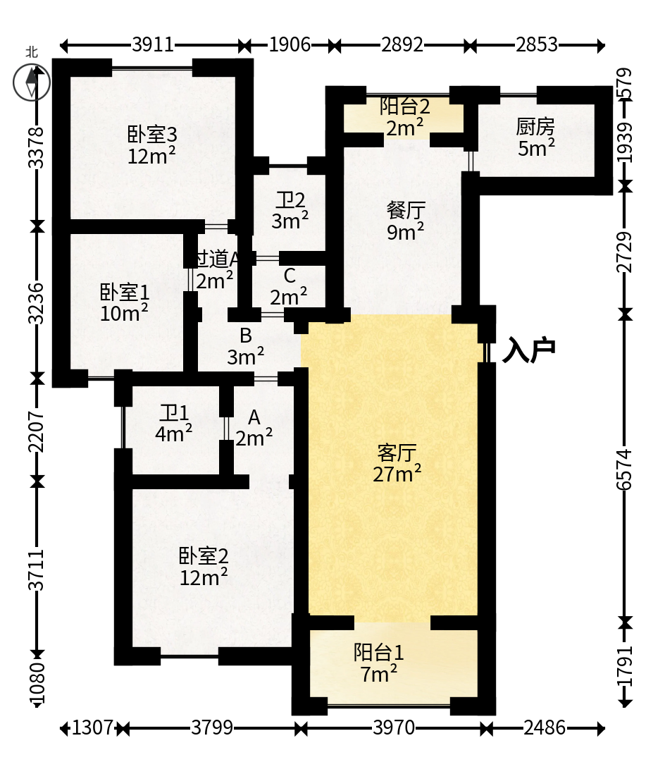 世嘉国际华城  3室2厅2卫   135.00万户型图
