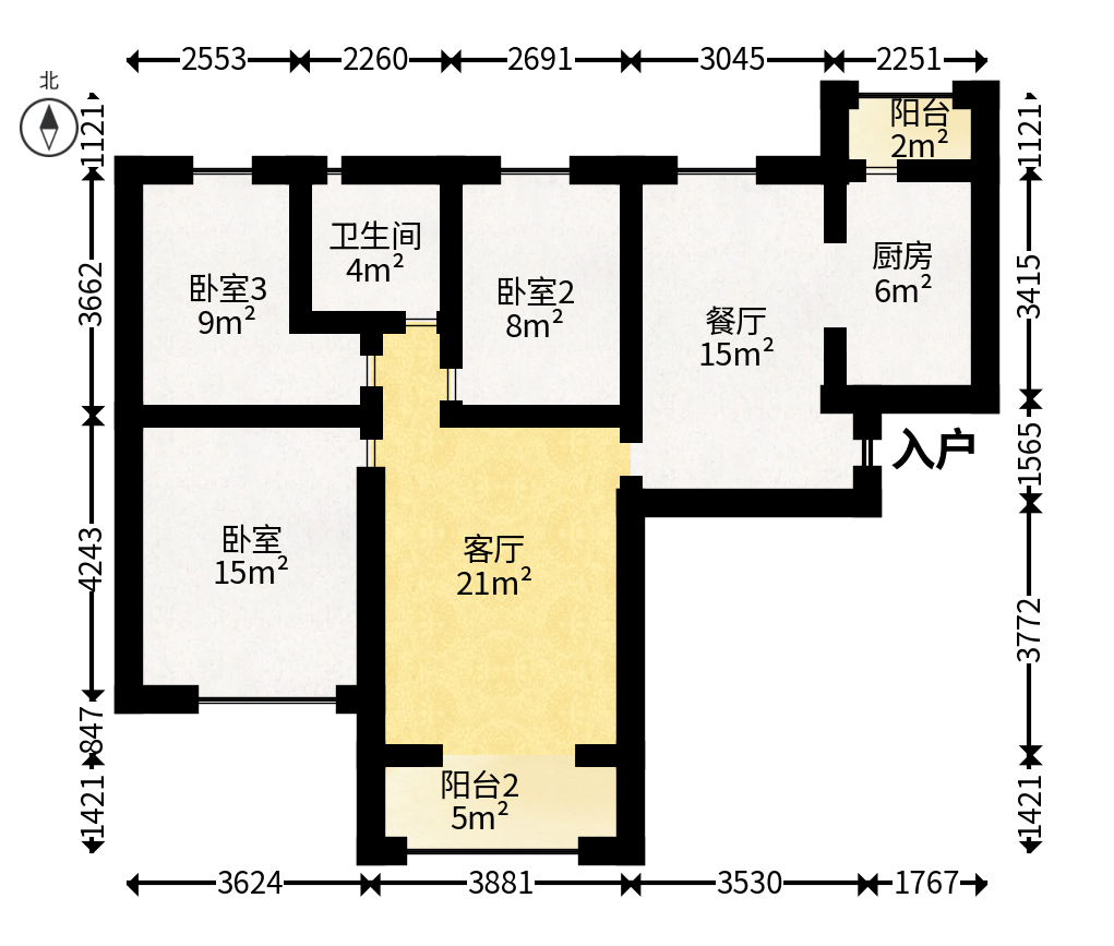 恒大江湾  3室2厅1卫   92.00万户型图