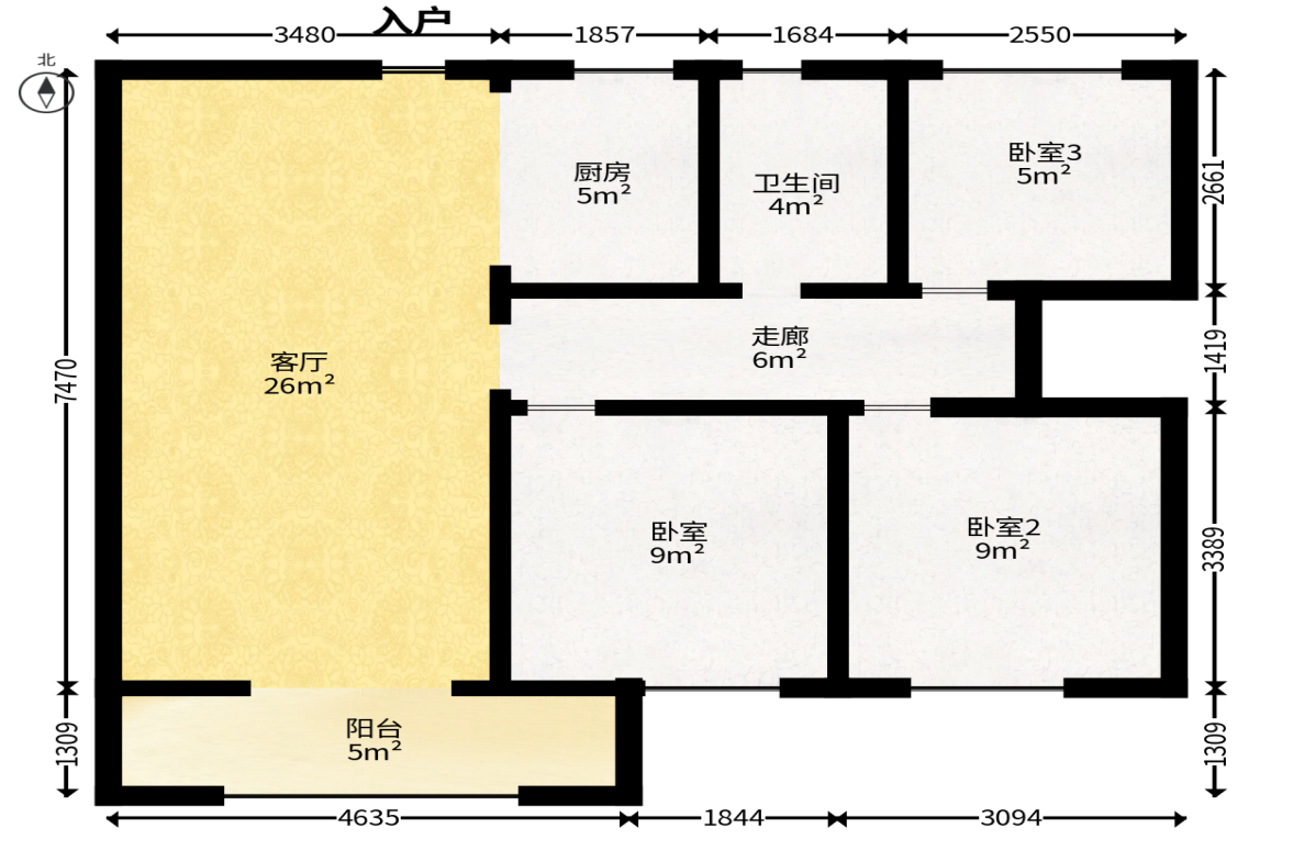 芙蓉万国城MOMA（卓越汇富苑）  3室1厅1卫   88.00万户型图