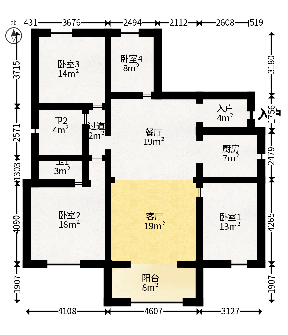 上东辛顿公寓  4室2厅2卫   120.00万户型图