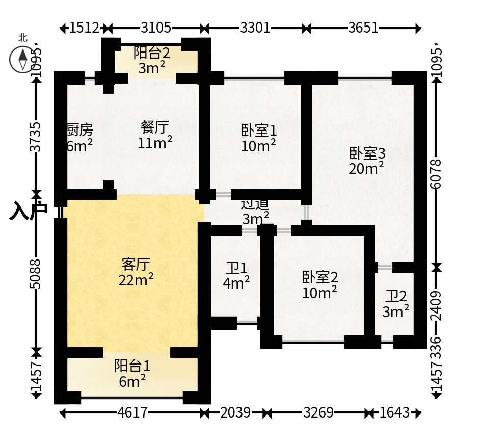 润和又一城  3室2厅2卫   83.00万户型图