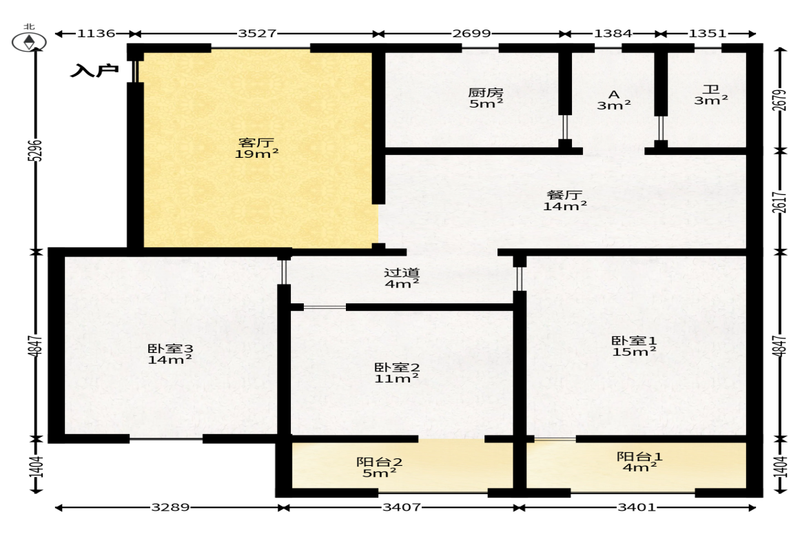 火星三片（月桂社区）  3室2厅1卫   66.80万户型图