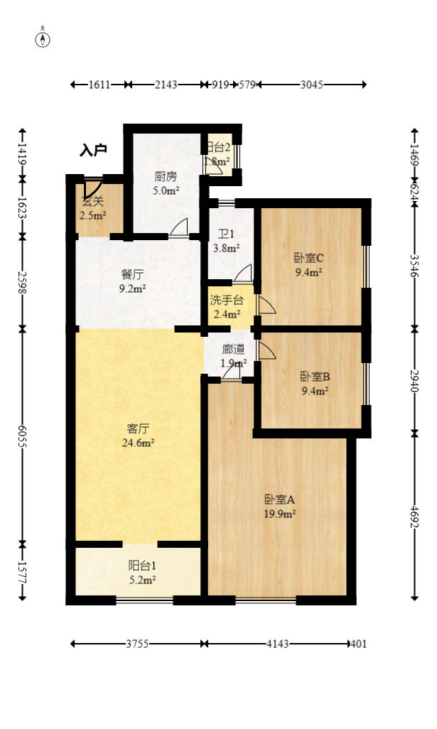 江山帝景哈佛  3室2厅1卫   88.80万户型图