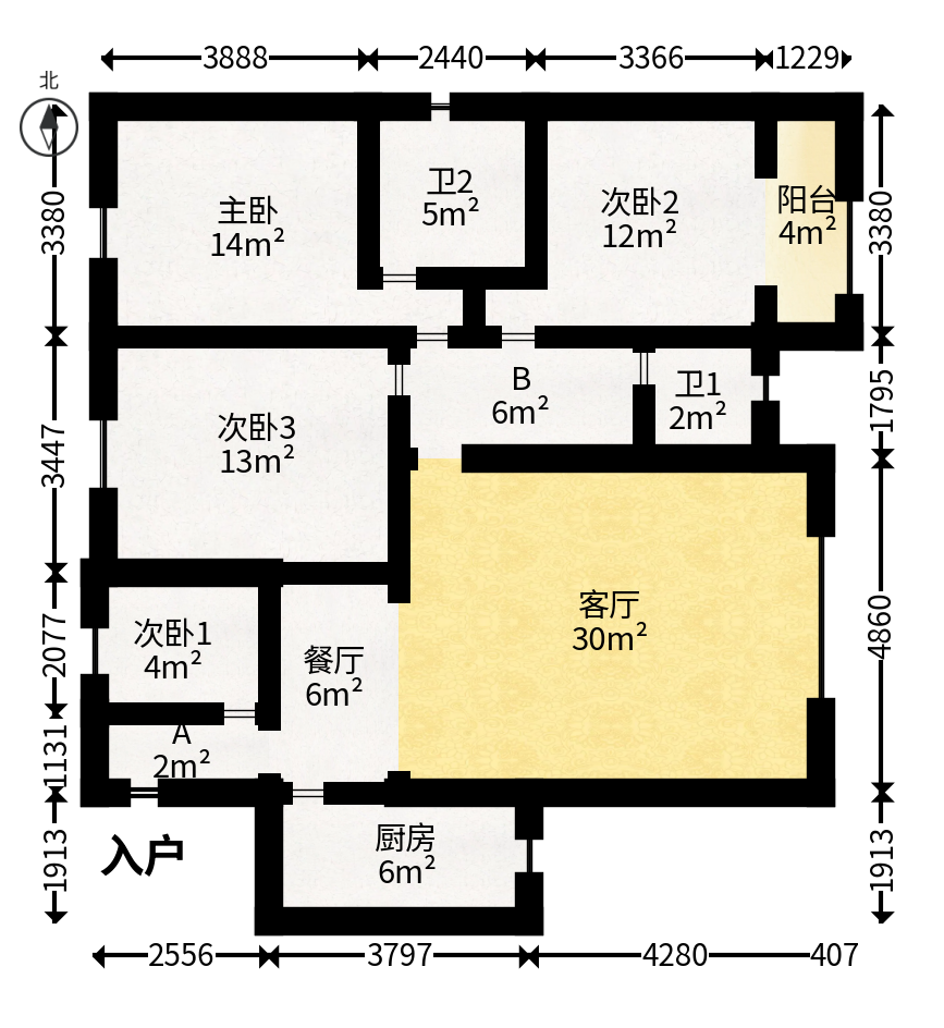 天和华城  3室2厅2卫   76.80万户型图
