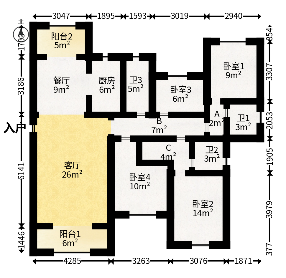 天鸿天府（天鸿中央大院）  4室2厅3卫   186.00万户型图