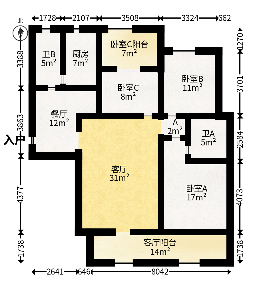 八方小区C区  3室2厅2卫   400.00万户型图
