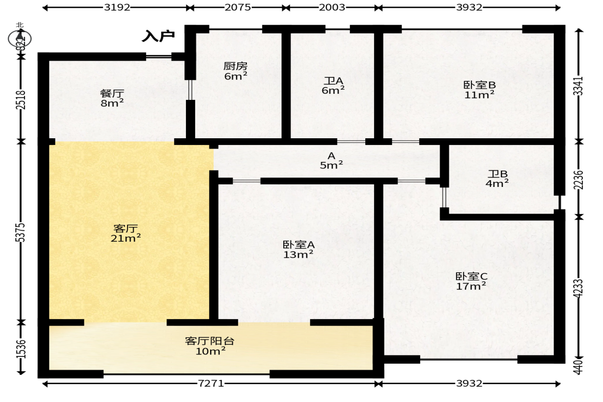 龙湖铂金中心（龙湖春江郦城）  3室2厅2卫   210.00万户型图