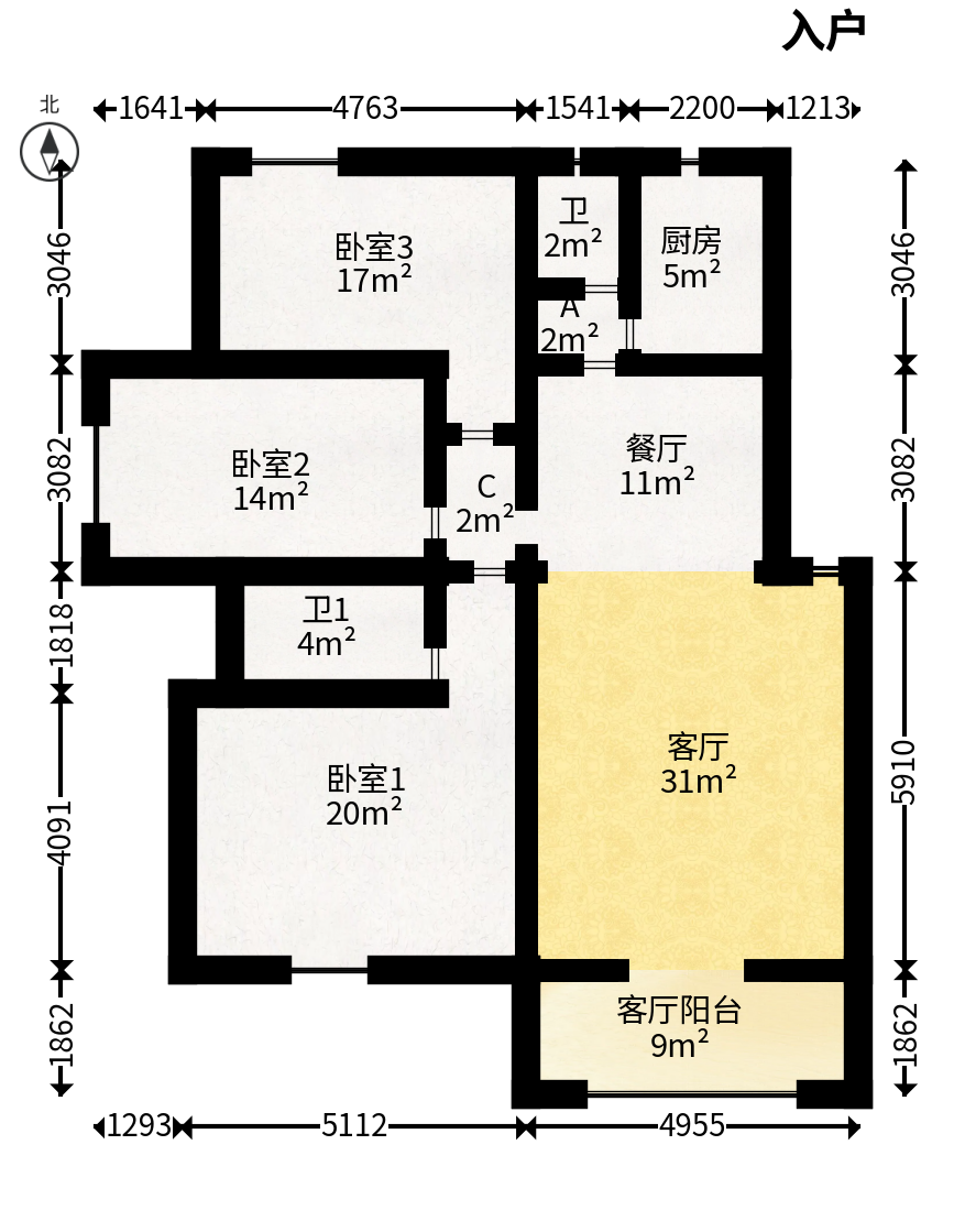 申奥美域  3室2厅2卫   100.00万户型图